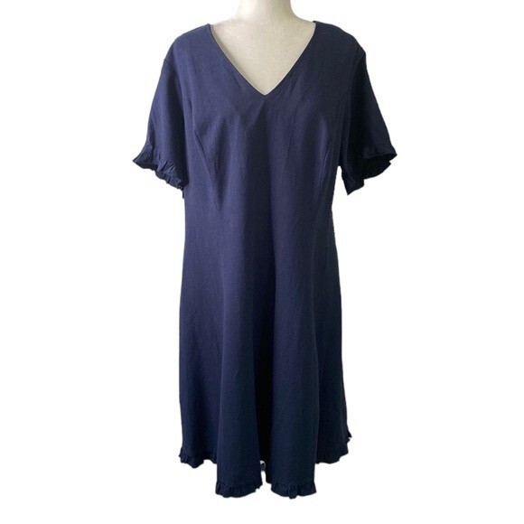 Marée Pour Tio V-Neck Ruffle Trim Short Sleeve Knee Length Dress Viscose Linen - Picture 2 of 15